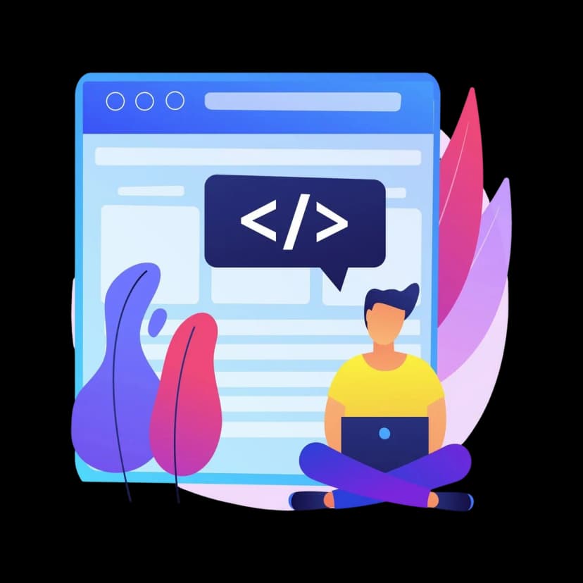 Illustration of a developer coding on a laptop in front of a web interface with a code symbol.