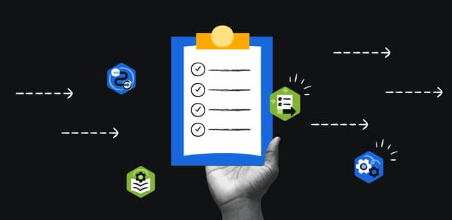 Illustration of a hand holding a checklist surrounded by coding and workflow icons, symbolizing task completion and automation.