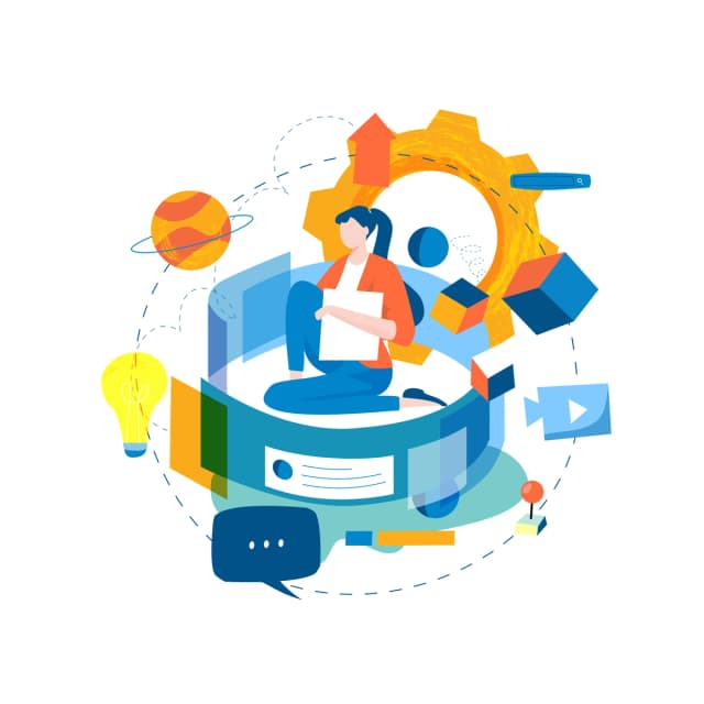 Abstract representation of a person surrounded by digital icons and elements symbolizing SEO and content strategy.