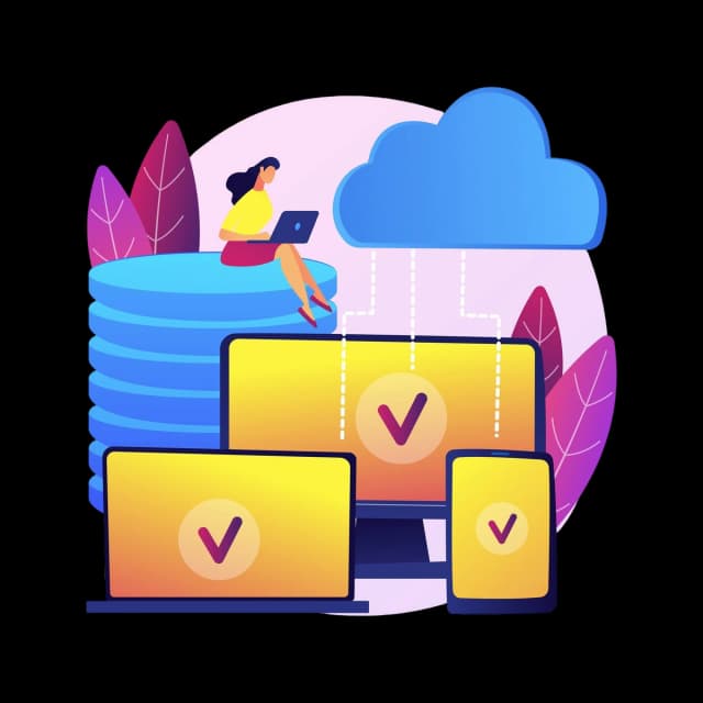 Illustration of a person using a laptop with cloud computing connected to multiple devices.