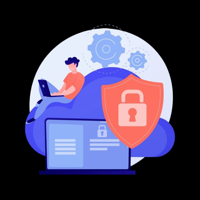 Illustration of a person using a laptop on a cloud with a shield and padlock symbolizing secure cloud data backup.