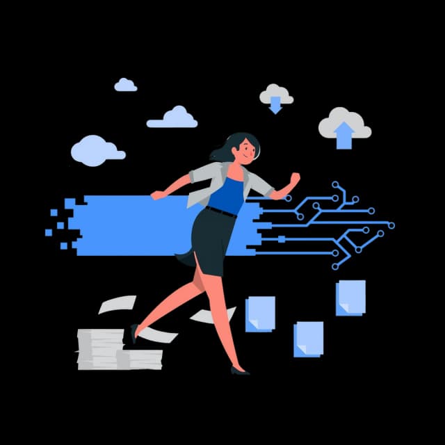 Illustration of a woman running with digital files transitioning to the cloud, symbolizing fast cloud migration.