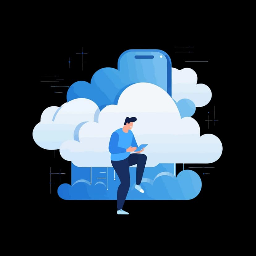 Illustration of a man viewing a tablet amidst clouds, with a large smartphone outline behind.