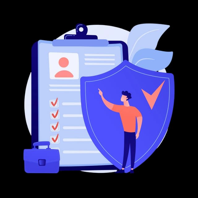 Illustration of a person pointing at a shield with a checkmark, standing before a clipboard checklist and briefcase to represent security and compliance.