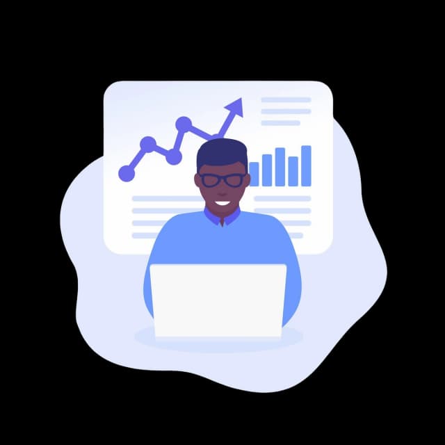 Data analyst working on a laptop with charts and graphs in the background using Jira.