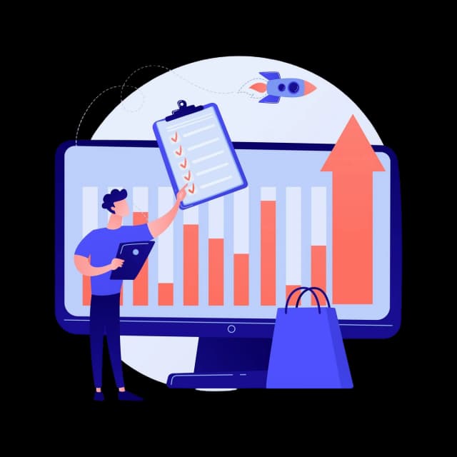 Person presenting checklist on screen with charts and upward arrow, representing performance tracking and business growth.