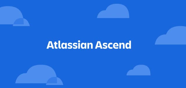 Blue background graphic with text "Atlassian Ascend" and cloud icons.