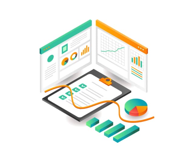 Isometric data analysis setup with graphs, clipboard, and pie chart.