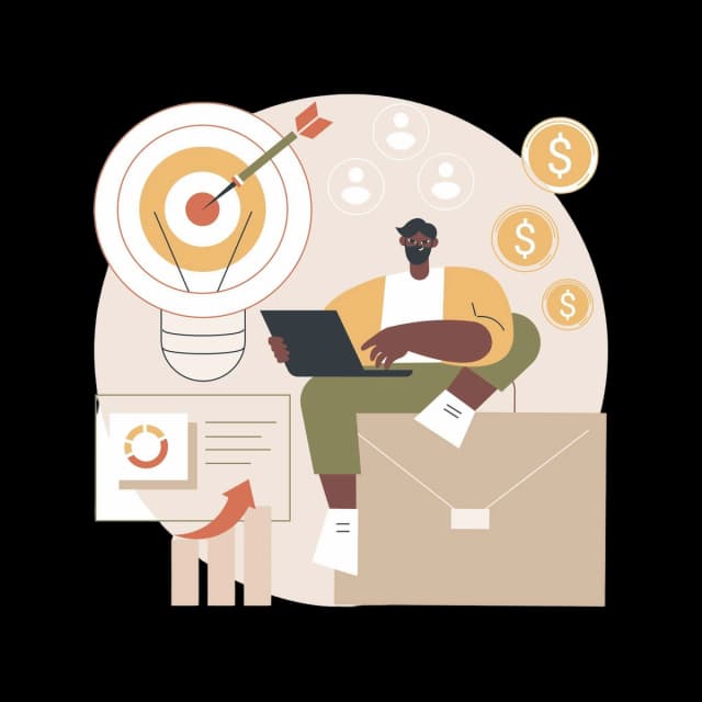 Illustration of a team member working on a laptop to configure and learn a new software tool for project goal tracking.