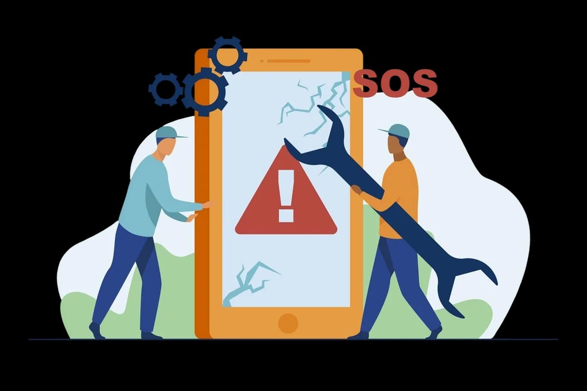Illustration showing a critical system alert on a mobile device with engineers working to fix an incident.