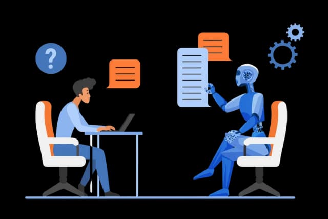 A human and an AI robot exchanging messages in a conversational dialogue.