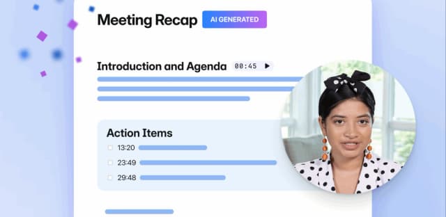 AI-generated meeting recap UI with action items and timestamps beside a woman wearing a polka-dot top and headband.