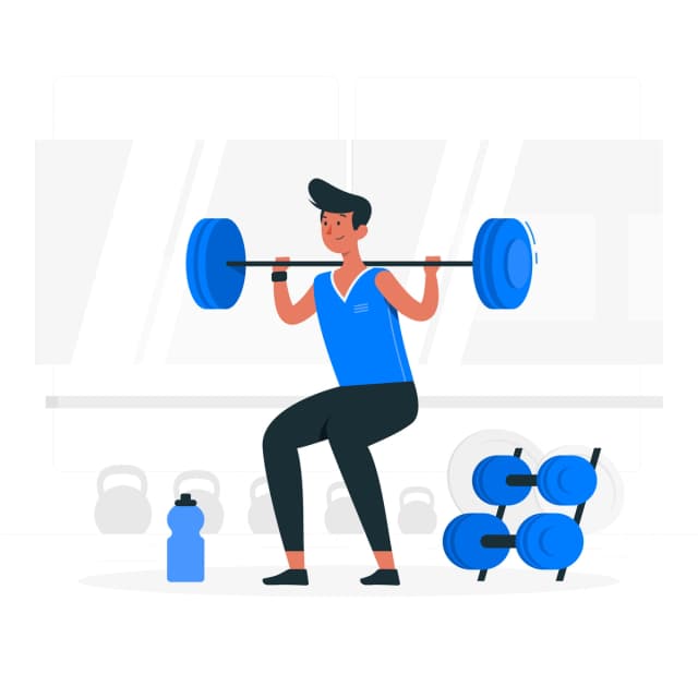 Illustration of a person performing a barbell squat in a gym setting, with weights and a water bottle visible in the background.