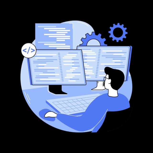 Illustration of a developer working at a desk with two monitors displaying code.