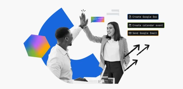 Two colleagues giving a high five with icons representing actions like creating documents, calendar events, and sending emails.