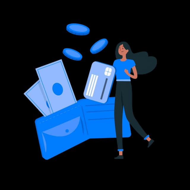 Illustration of a woman holding a credit card standing beside a large wallet with floating currency coins and banknotes, representing digital payments or financial services.