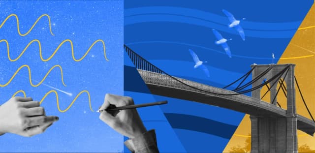 Abstract collage showing hands drawing waves beside a bridge with flying birds against a blue and gold background.