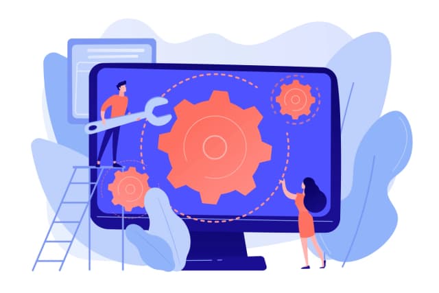 People assembling large gears on a screen, symbolizing teamwork in development.