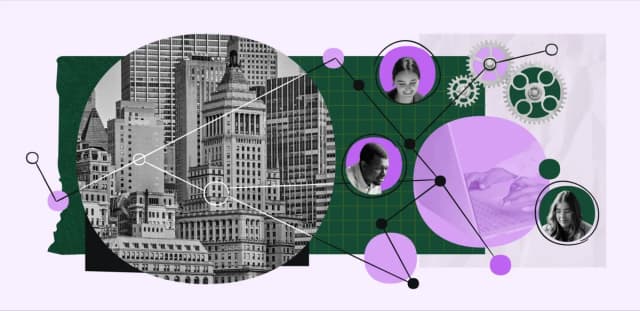 Abstract collage showing city buildings, connected profile images, gears, and a person typing on a laptop, with lines and circles linking elements.