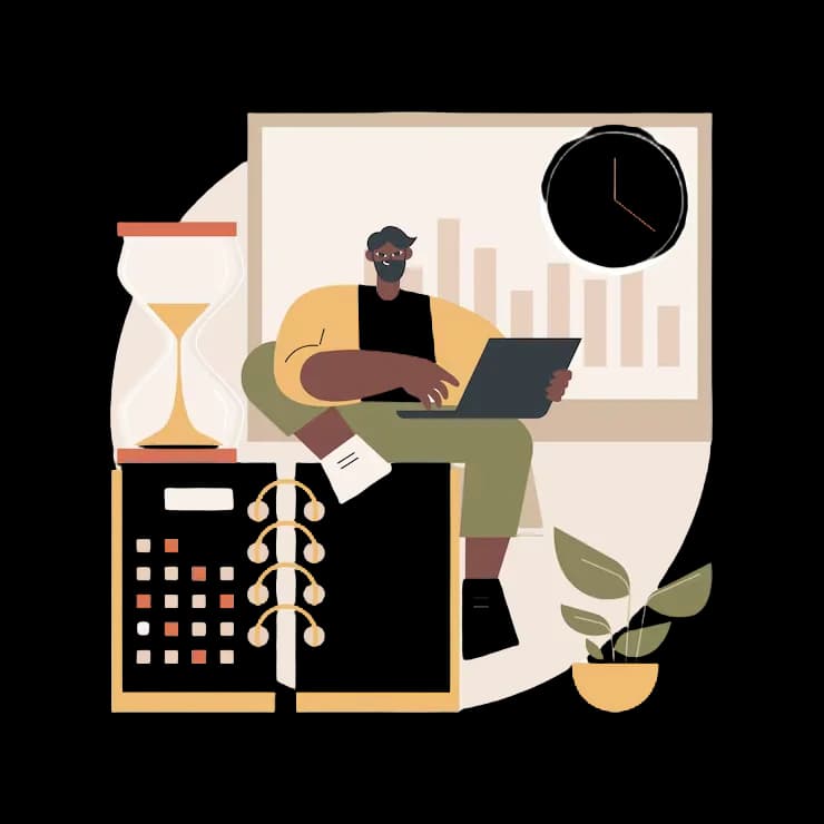Illustration of a person working on a laptop surrounded by a clock, hourglass, and calculator, representing time and attendance tracking.
