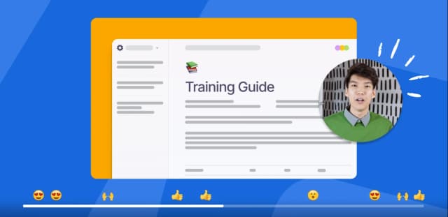 Person presenting a "Training Guide" on screen with emoji reactions along the bottom, representing engaging video-based learning.