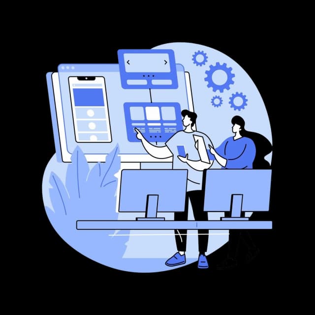 Illustration of developers designing mobile and web application interface.