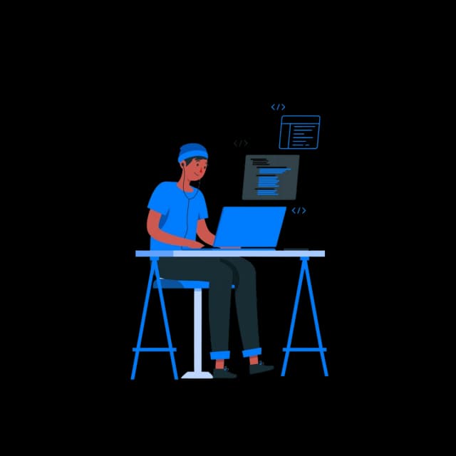 Developer wearing headphones coding at a desk with floating code windows.