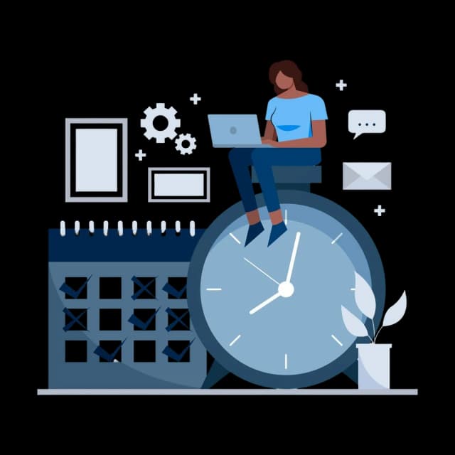 Person working on a laptop while sitting on a large clock, with calendar and productivity icons around.