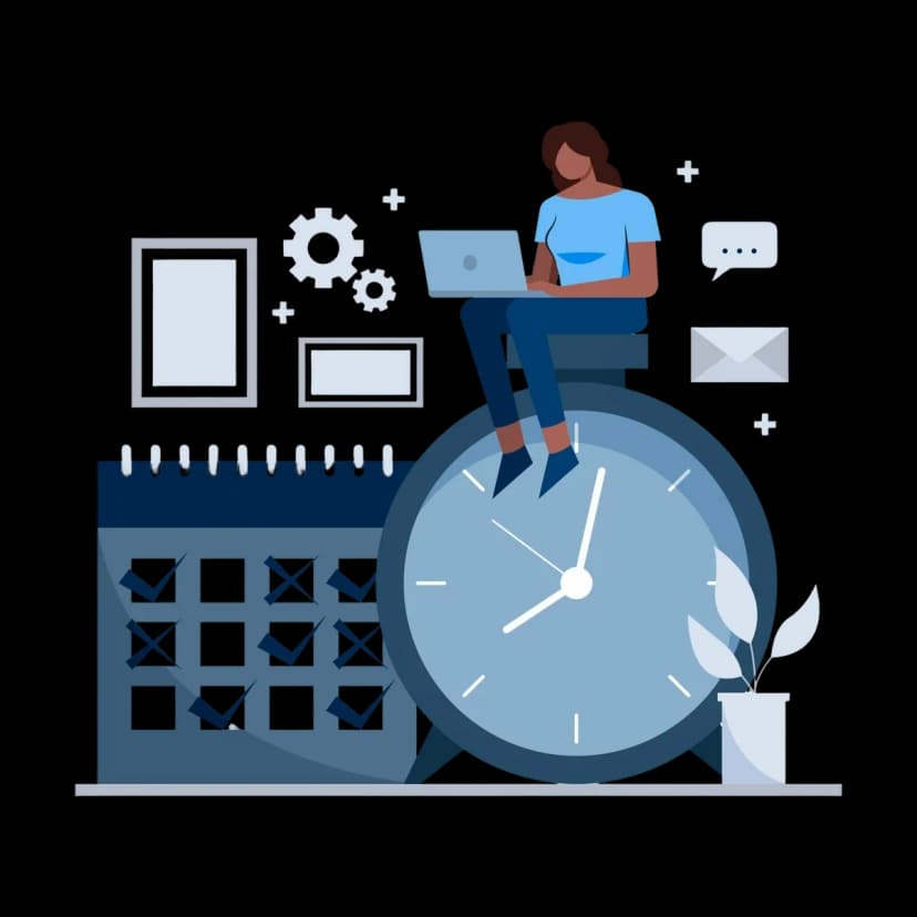 Person working on a laptop while sitting on a large clock, with calendar and productivity icons around.