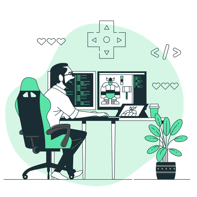 Illustration of a developer working at a dual-monitor setup with code and a game character on screen.