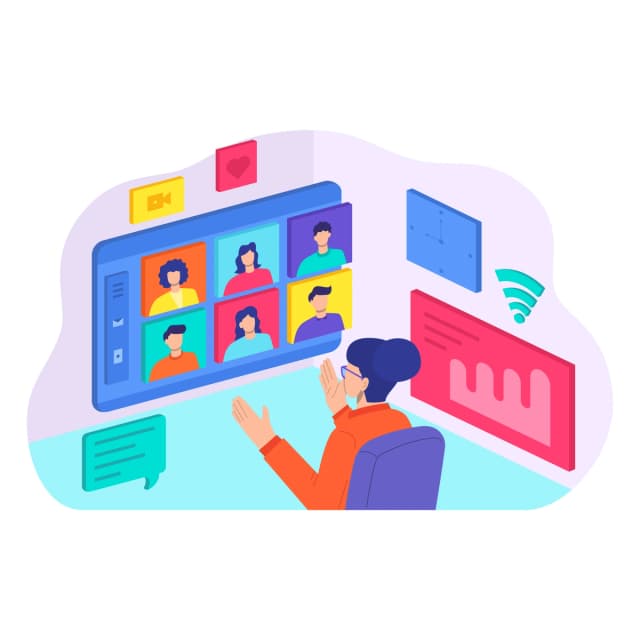 An illustration of a women at a computer presenting on a video conference call.