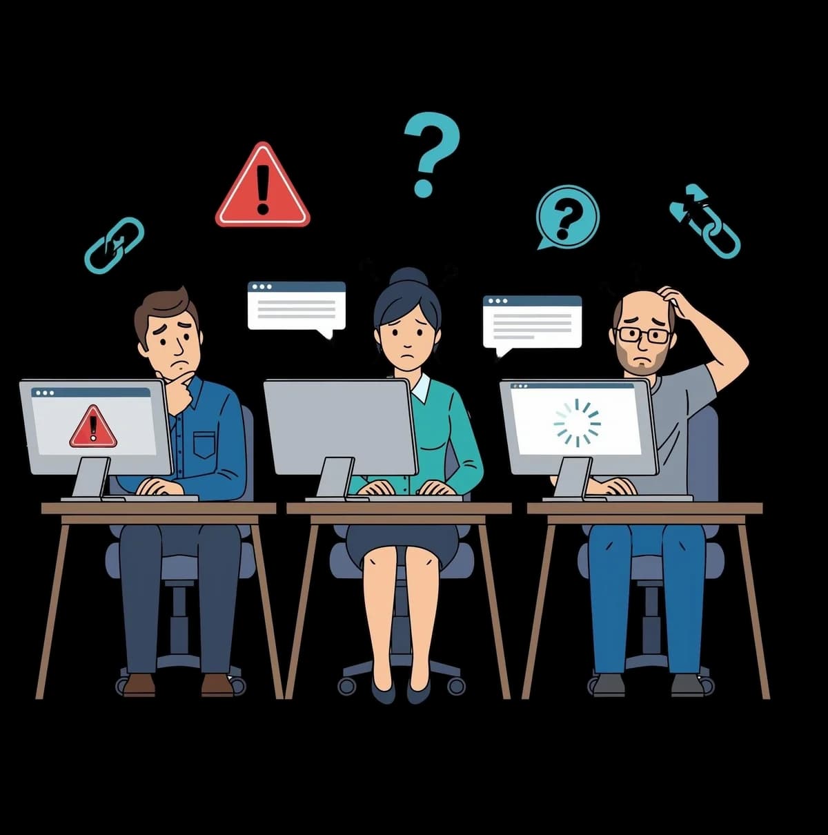 Illustration of a team struggling with disconnected workflows and unclear processes