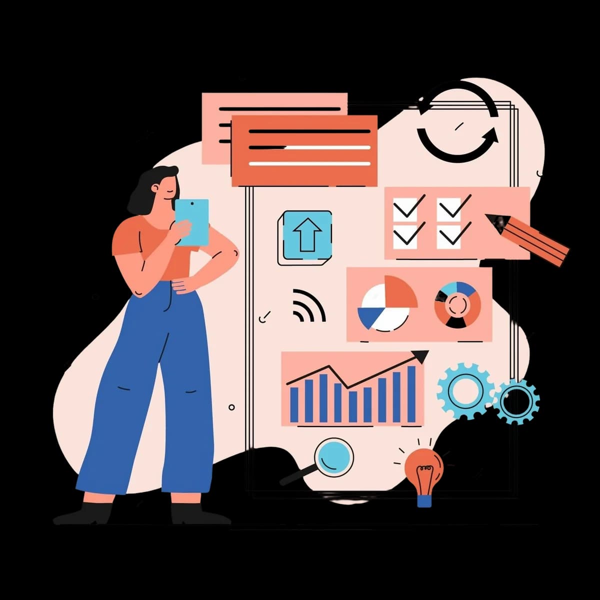 Illustration showing organized workflows, checklists, and analytics in a planning dashboard.