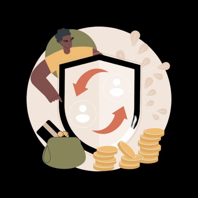 Person pointing at a shield with user icons and arrows, next to a coin purse and gold coins.