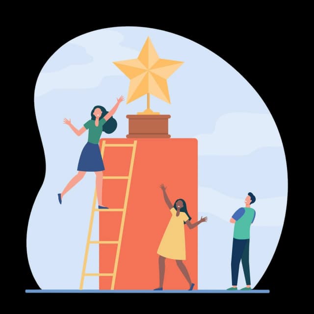 People reaching for a star on a podium – Symbolizing recognition, achievement, and goal-setting.
