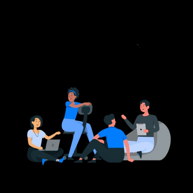 Illustration of a group of people sitting together with laptops and tablets, engaged in a collaborative discussion.