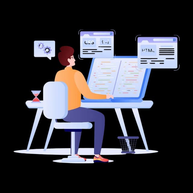 Developer working at a desk with large code screens for HTML and CSS.