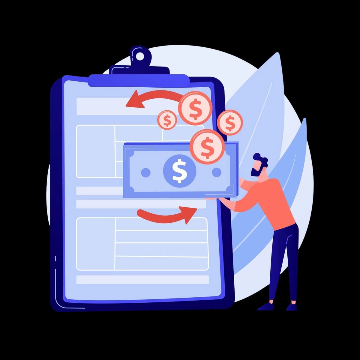 A person managing finances with a clipboard, dollar bills, and currency symbols representing financial transactions.