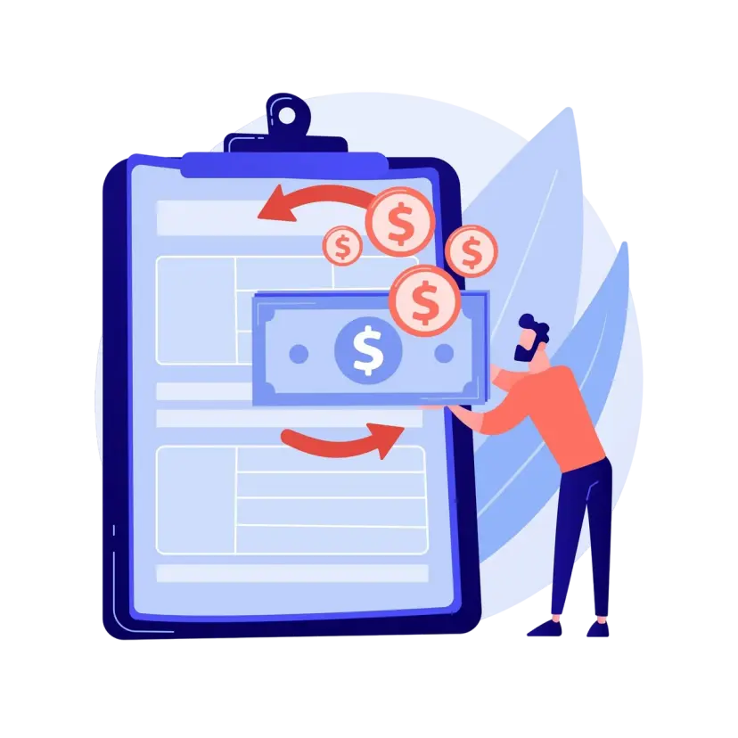 A person managing finances with a clipboard, dollar bills, and currency symbols representing financial transactions.