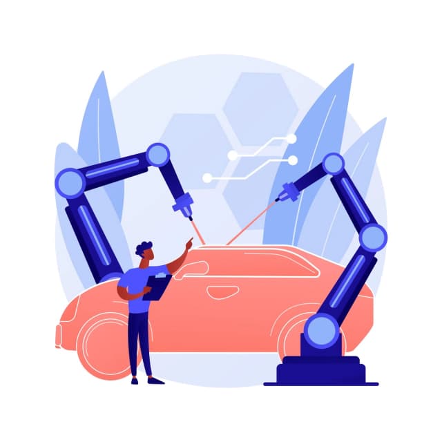 Illustration of a car being built by robotic arms in an automated manufacturing facility.