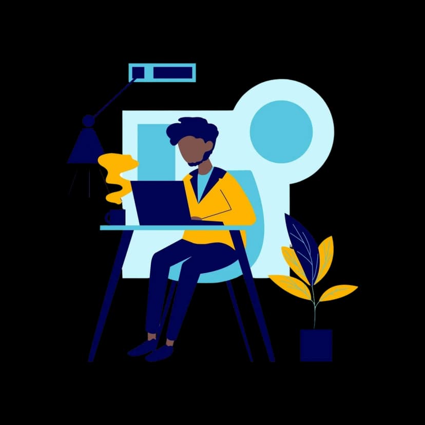 Illustration of a developer working on a laptop at a desk with a lamp and plant nearby.