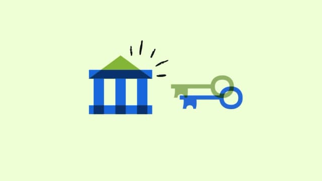 Illustration of a bank building next to a key, symbolizing secure access or modernization in financial institutions.