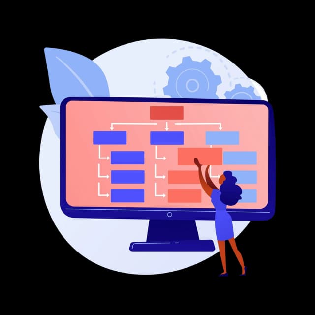 Woman interacting with a large screen displaying a flowchart or website structure diagram.