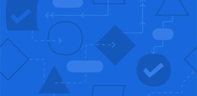 Abstract blue background with geometric shapes and arrows representing workflow and process flow.