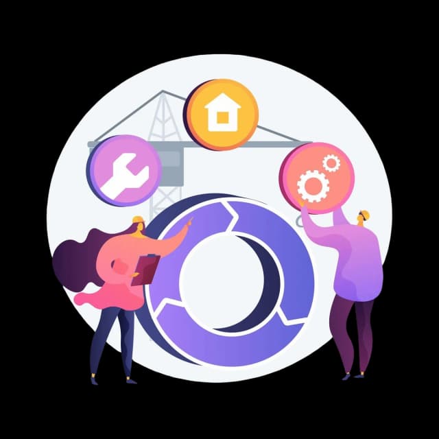 Two engineers assembling software development lifecycle components with gears, tools, and automation icons representing DevOps collaboration.