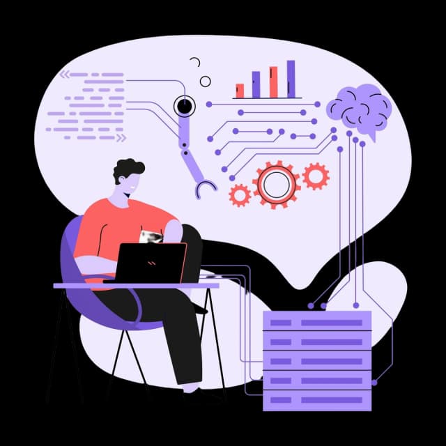 Illustration of a person using a laptop with AI elements.