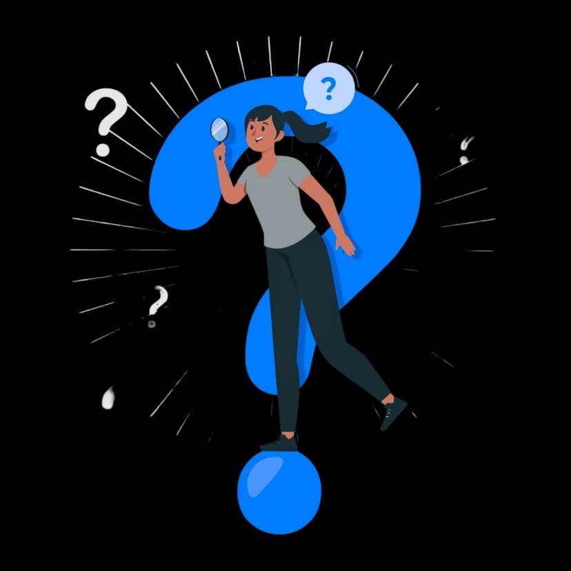 Illustration of a woman holding a magnifying glass, exploring a large question mark.