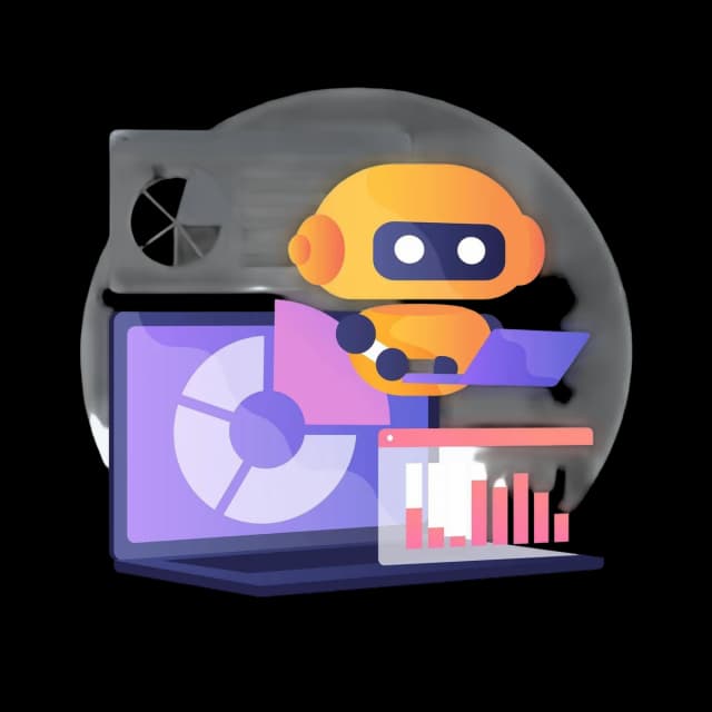 Robot analyzing data on a laptop screen with charts and graphs representing AI analytics.