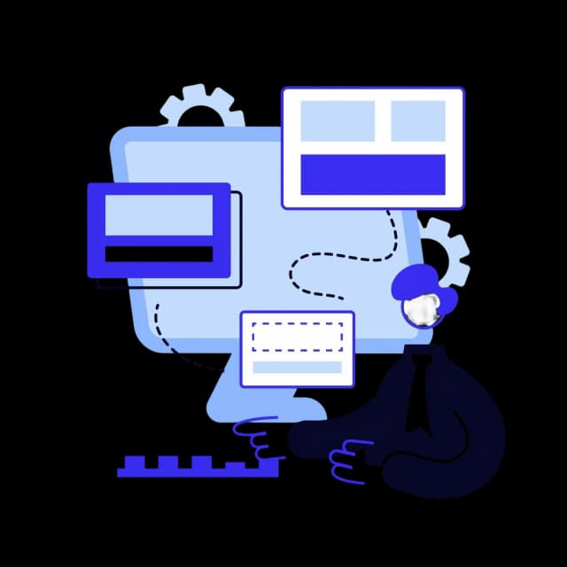 Illustration of a person sitting near a large computer screen with multiple interface windows representing optimization or workflow design.