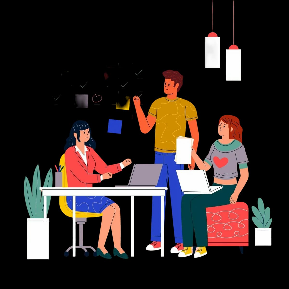 Team collaborating around a desk, sharing ideas and planning work.